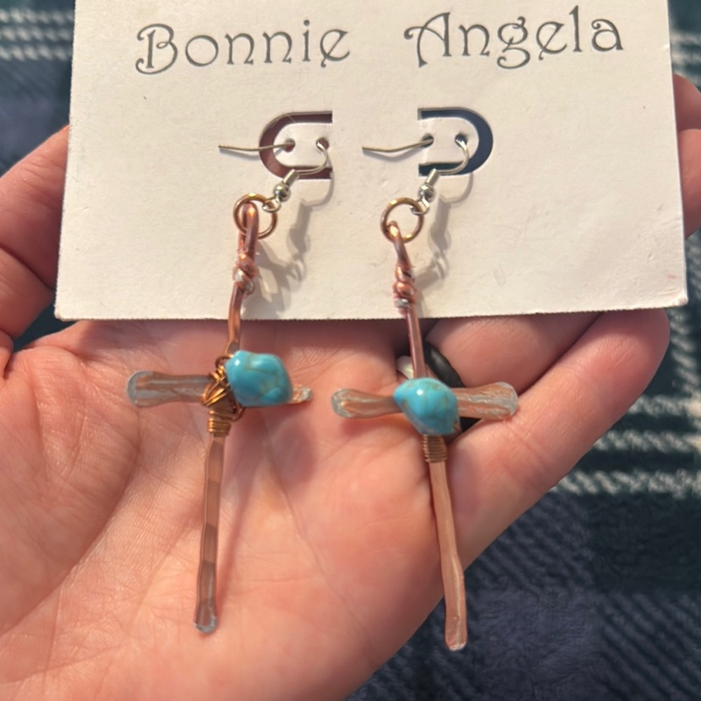 Turquoise Bead Cross Drop Earrings - Copper